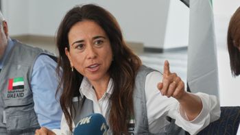 Minister of State of the United Arab Emirates, Lana Nusseibeh gestures during a press conference at the port in city of Limassol, Cyprus, on Friday, Nov. 7, 2025. 