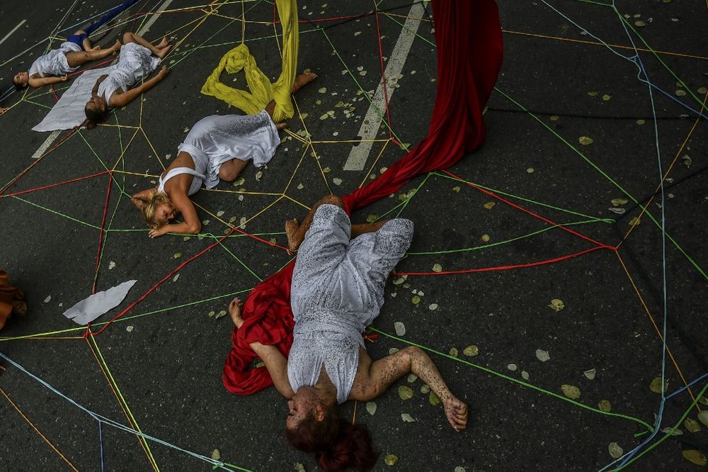 Artist perform during Human Rights Day in Medellin, Antioquia department, Colombia on December 10, 2021.