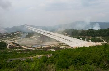 The South Korean army launches rockets during joint military drills with U.S. forces at Seungjin Fire Training Field in Pocheon, South Korea.
