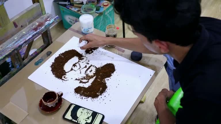 I24news القهوة بدلا من ألوان الاكريليك أسلوب رسم فريد لفنان عراقي