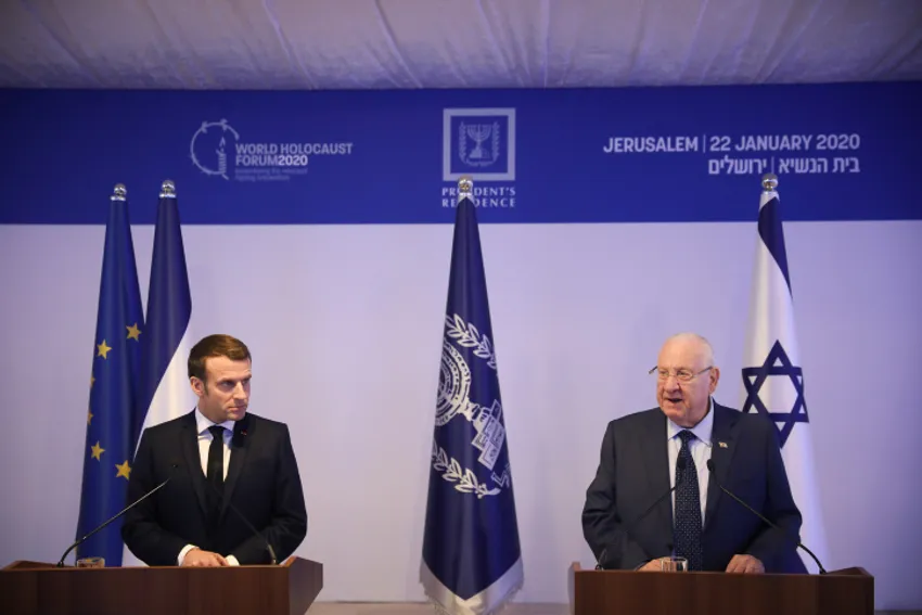 Israeli president Reuven Rivlin meets with President of France Emmanuel Macron at the President's Residence in Jerusalem on January 22, 2020.