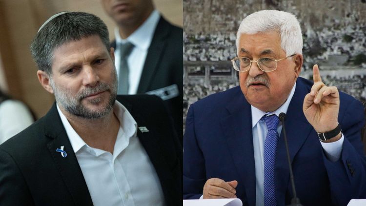 على اليمين: رئيس السلطة الفلسطينية محمود عباس (أبو مازن). 
على اليسار: وزير المالية الإسرائيلي بتسلئيل سموتريتش