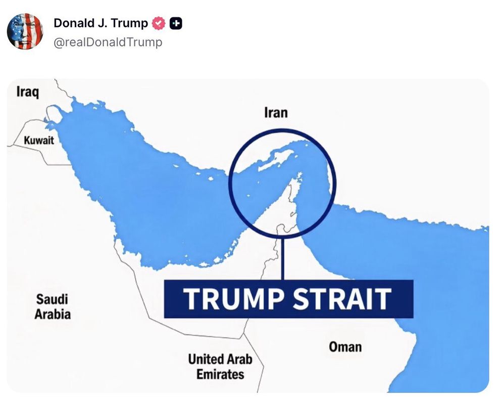 Trump's Truth Social platform ترامب يعرض صورة يطلق خلالها على مضيق هرمز "مضيق ترامب"