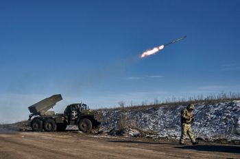 Ukrainian army Grad multiple rocket launcher fires rockets at Russian positions in the frontline near Soledar, Donetsk region, Ukraine.