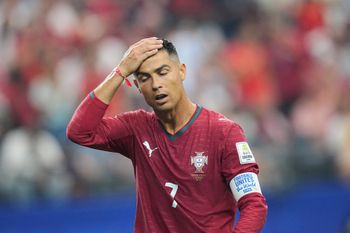 AP Photo/Julio Cortez Portugal's Cristiano Ronaldo (7) reacts during the World Cup round of 16 soccer match between Portugal and Spain in Arlington, Texas, near Dallas, Monday, July 6, 2026.