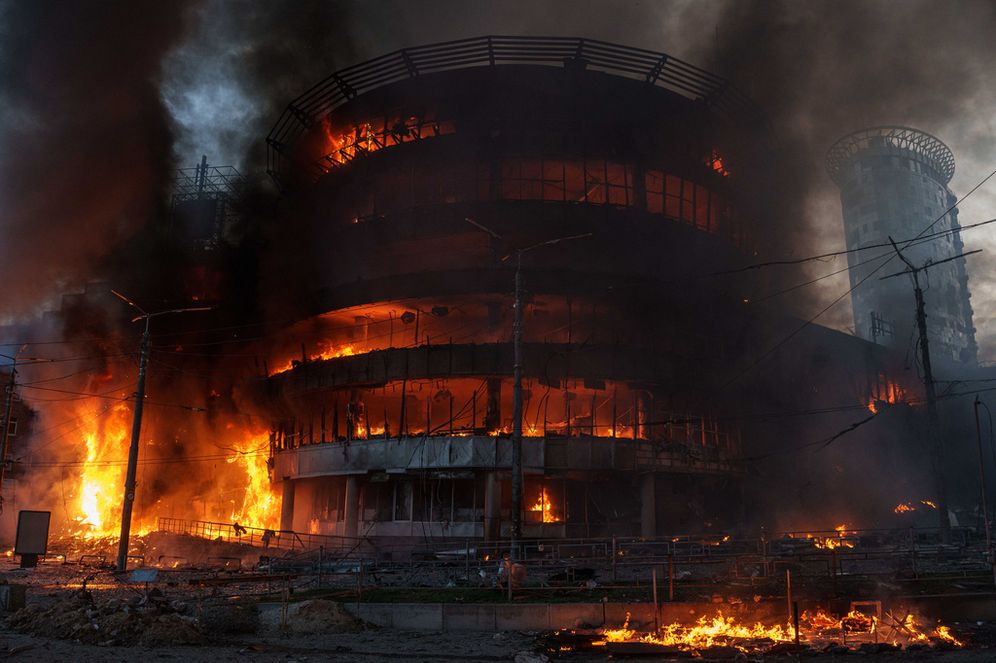 A trade center burns after a Russian strike on Kyiv, Ukraine, on Sunday, May 24, 2026