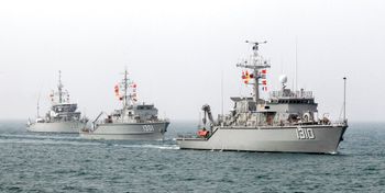 A German-made MWW50 minesweeper leads two U.S-made Aggressive-class minesweepers during military exercises off Kaohsiung, southern of Taiwan, Wednesday, Jan. 31, 2018. 
