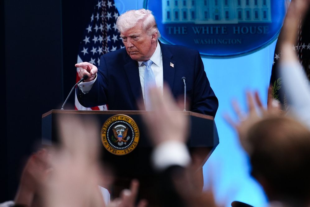 FILE - President Donald Trump speaks with reporters in the James Brady Press Briefing Room at the White House, Monday, April 6, 2026, in Washington
