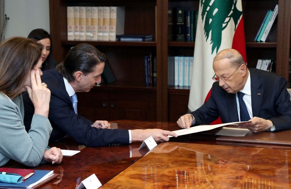 Lebanese President Michel Aoun (R) meeting with US envoy mediating the Lebanon-Israel maritime border talks Amos Hochstein at the Presidential Palace in Baabda, Lebanon, on June 14, 2022.