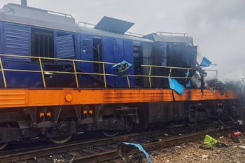 In this photo provided by the Ukrainian Ukrzaliznytsia Railway Company Press Office, a locomotive damaged in a Russian drone attack is seen at Yahodyn railway station near Ukraine's border with Poland, Ukraine, Sunday, Sept. 13, 2026