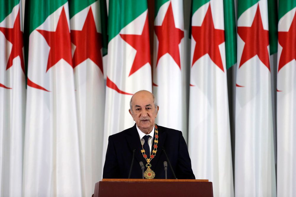 Jeudi 19 décembre 2019, le président algérien Abdelmadjid Tebboune prononce un discours lors d'une cérémonie d'investiture au palais présidentiel, à Alger, en Algérie.
