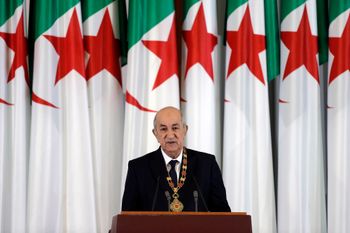 Thursday, Dec. 19, 2019, Algerian president Abdelmadjid Tebboune delivers a speech during an inauguration ceremony in the presidential palace, in Algiers, Algeria
