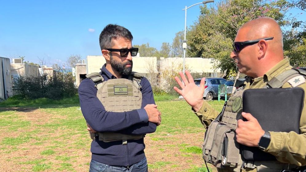 Museb Hassan Yousef, with IDF Arabic Spokesperson Lt. Col. Avichay Adraee, in one of the Gaza border kibbutz communities that was attacked on October 7.