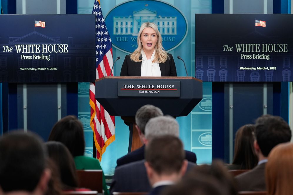 White House press secretary Karoline Leavitt speaks with reporters in the James Brady Press Briefing Room at the White House, Wednesday, March 4, 2026, in Washington
