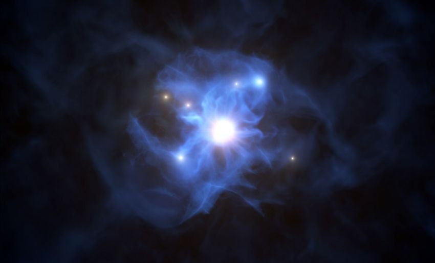 Une photo mise à disposition le 29 septembre 2020 par l'Observatoire austral européen montre une impression d'artiste du trou noir central et des galaxies piégées dans sa toile de gaz