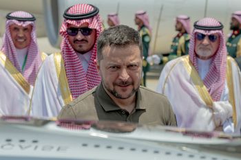 Ukraine's President Volodymyr Zelensky arrives at Jeddah airport, Saudi Arabia.