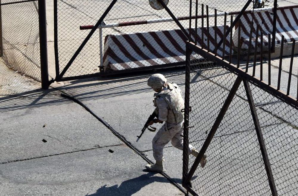 Syrian and Russian soldiers taking part in joint military drills at the Tartus naval base along Syria's Mediterranean coast in 2022.