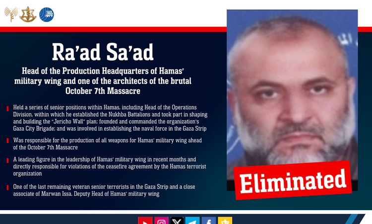 Le terroriste Ra'ad Sa'ad a été éliminé par Tsahal