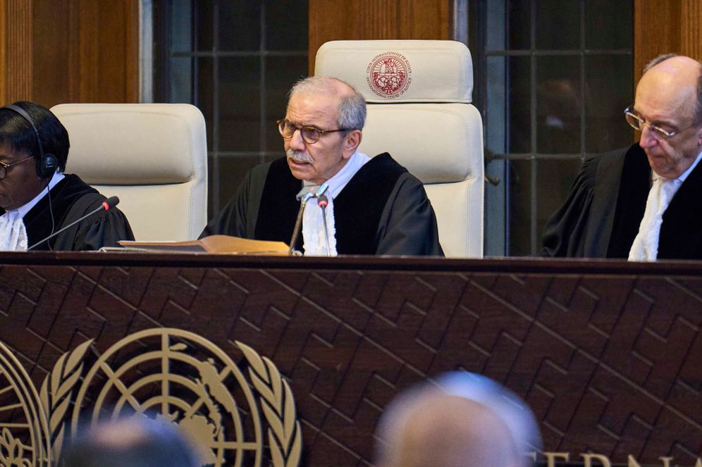 Presiding Judge Nawaf Salam reads the ruling in the International Court of Justice in The Hague, Netherlands


