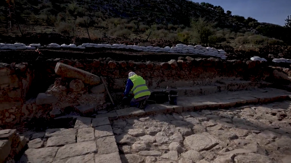 A screengrab taken from a video on December 12, 2021, showing the excavation of the synagogue in Magdala, Israel.