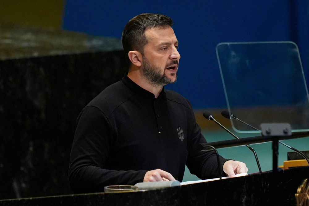 Ukrainian President Volodymyr Zelensky speaking at the United Nations