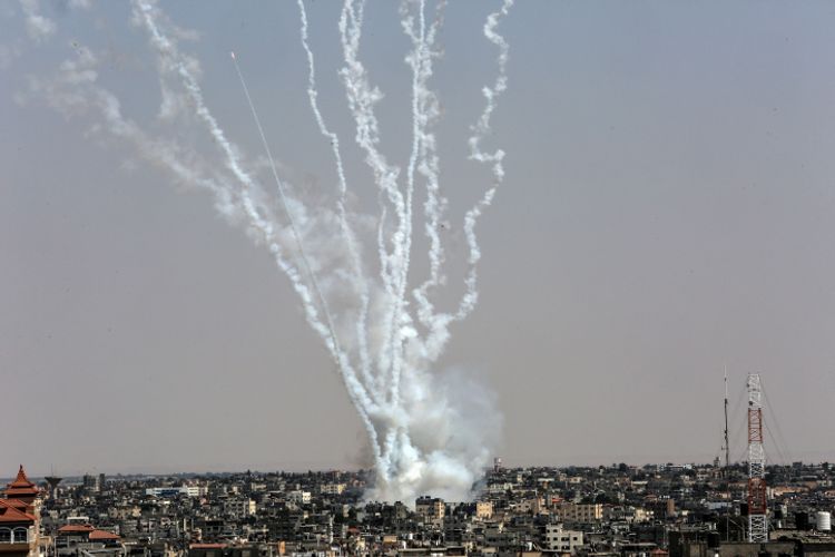 Rockets are fired toward Israel from Rafah, in the Gaza Strip, on August 7, 2022.