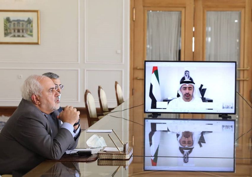 Iran's Foreign Minister Mohammad Javad Zarif (L) attending a video meeting with UAE's Foreign Minister Sheikh Abdullah bin Zayed Al Nahyan from Tehran on August 2, 2020.
