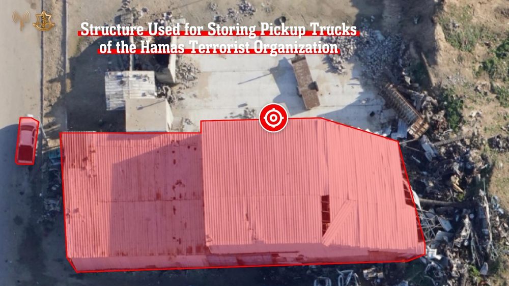 Infographic released by the IDF showing a warehouse used by Hamas targeted in strikes, in addition to a pickup truck of the same sort that the terrorists used in the October 7 attack