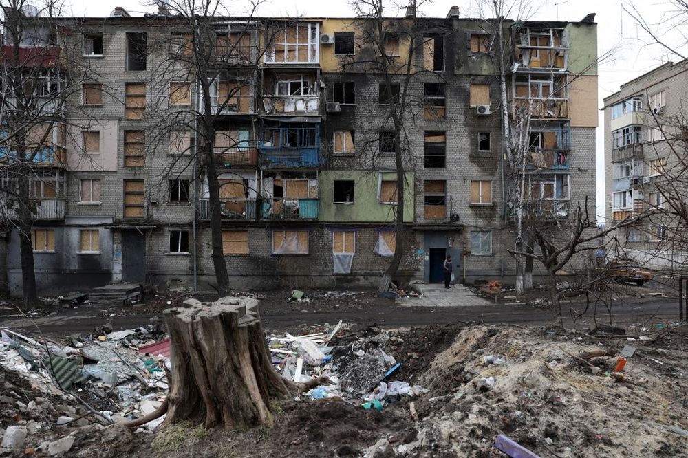 A building partially destroyed by Russian shelling in the town of Kupiansk, Kharkiv region, Ukraine.