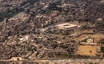 This picture taken on May 14, 2021 shows an aerial view of Egypt's capital Cairo's historic old Cairo district, showing the Mosque of Amr ibn al-Aas (the first mosque established in Egypt).