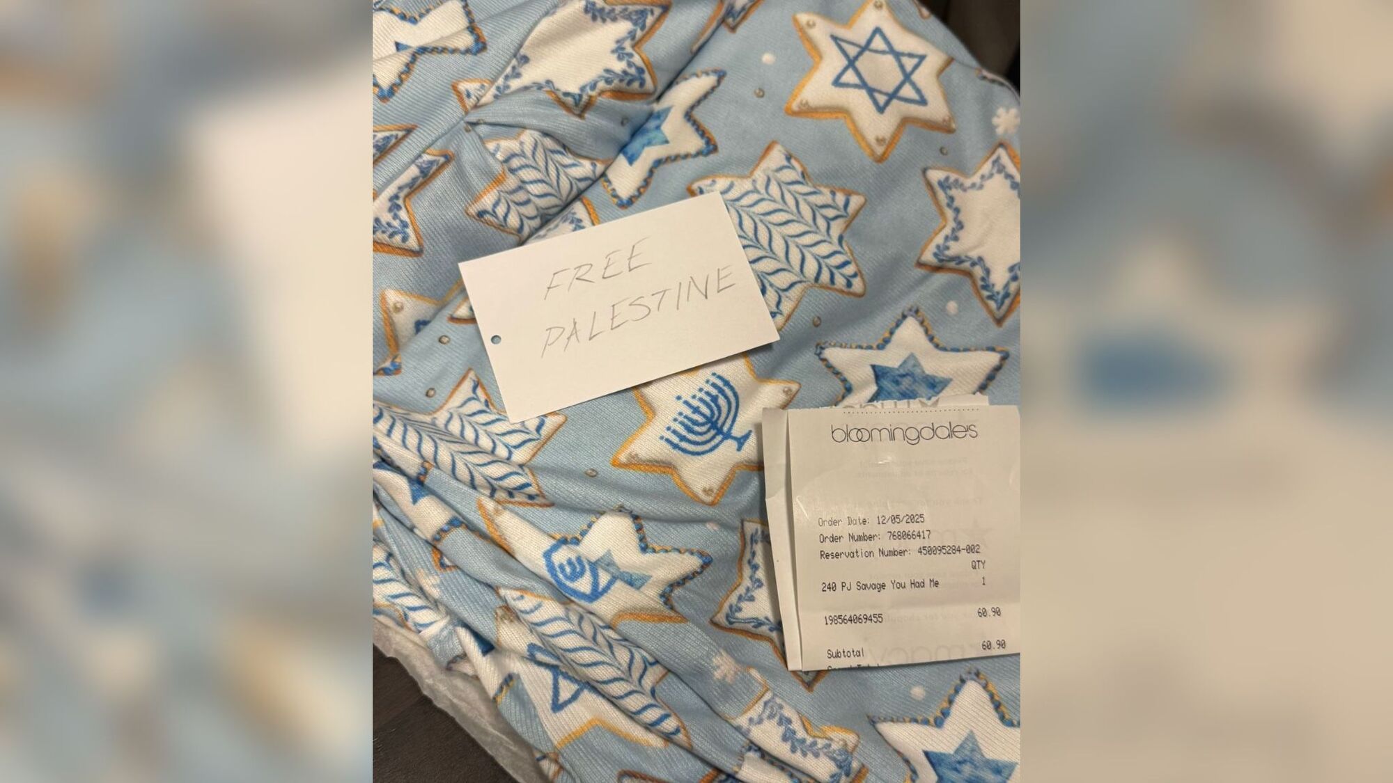 Bloomingdale’s: 'free Palestine’ note found in Hanukkah PJs