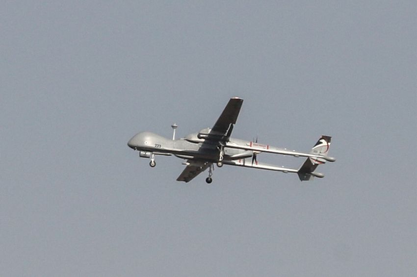An Israeli Heron military drone flies over the southern Israeli city of Ashdod near the border with Gaza on November 13, 2019.