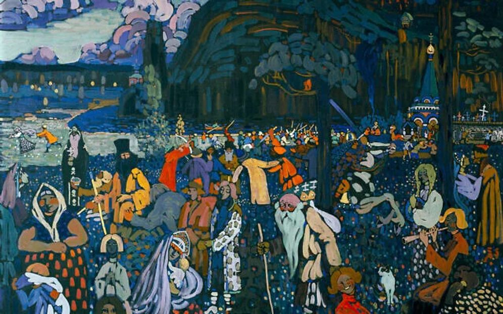 Cette image non datée, fournie par le musée Lenbachhaus de Munich, en Allemagne, montre le tableau de 1907 intitulé « Das bunte Leben » (La Vie colorée), œuvre de l’artiste russe Wassily Kandinsky.