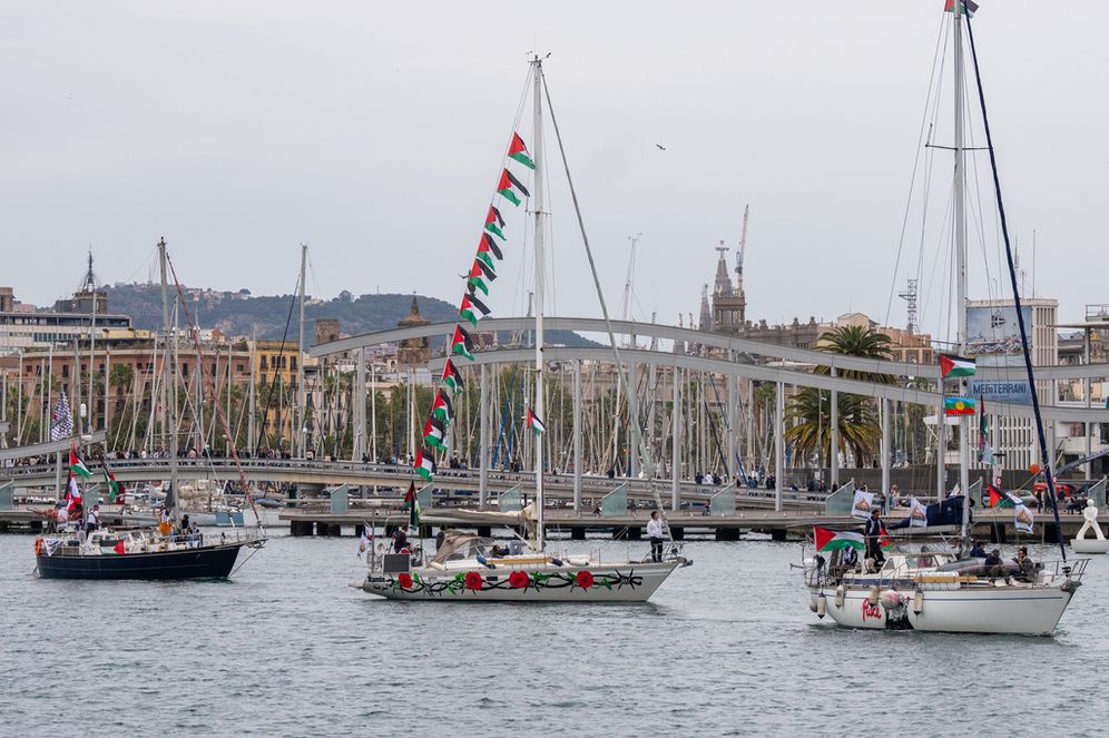 Boats carrying activists as part of the Global Sumud Flotilla, in Barcelona, Spain, Sunday, April 12, 2026.