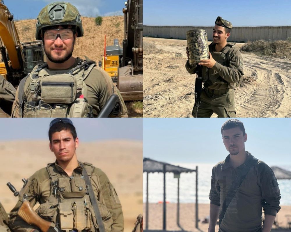 (Clockwise from top left) Sergeant First Class (res.) Benyamin Asulin, Staff Sergeant Noam Aharon Musgadian, Staff Sergeant Meir Shimon Amar, and Sergeant Moshe Nissim Frech, who were killed in action fighting in northern Gaza