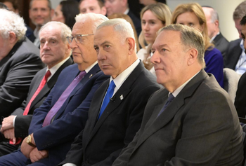 Israel's Prime Minister Benjamin Netanyahu with former U.S. Secretary of State Mike Pompeo (R) in Tel Aviv, Israel.