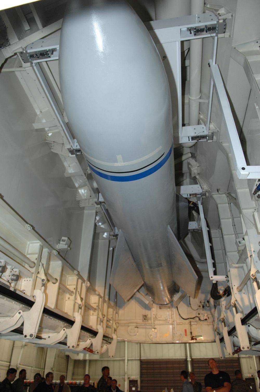 A mock-up of the Massive Ordnance Penetrator sits in the bomb bay of the B-2 weapons load trainer on December 18, 2007, at Whitman Air Force Base, Missouri.