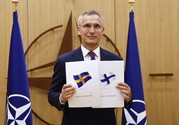 NATO Secretary-General Jens Stoltenberg poses during a ceremony to mark Sweden's and Finland's application for membership in Brussels, on May 18, 2022.