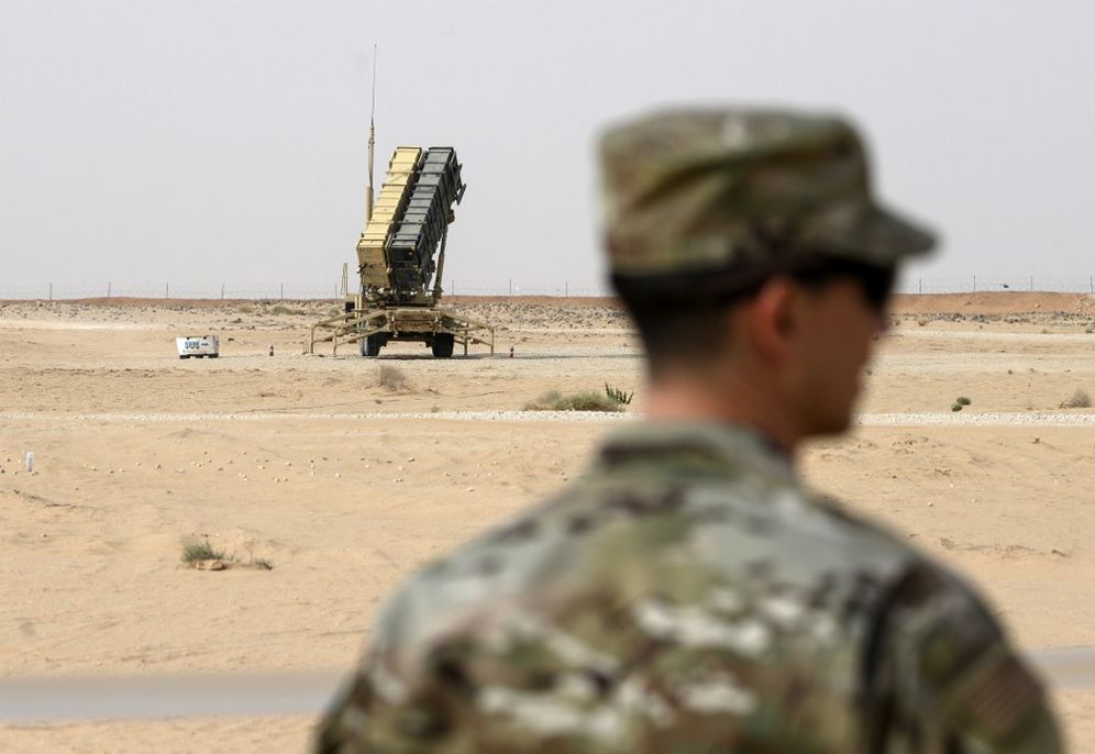 POOL via AFP Photo / Andrew Caballero-Reynolds A member of the US Airforce looks on near a Patriot missile battery at the Prince Sultan air base in Al-Kharj, in central Saudi Arabia on February 20, 2020.
