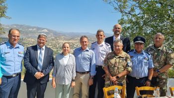 Right-to-left: A representative of the Cyprus National Guard, Cypriot Deputy Police Chief Demetris Demetriou, a representative of the Cyprus National Guard, Israeli Ambassador to Cyprus Oren Anolik, Cyprus Fire Service Chief Fire Officer Nikos Longinos, Cypriot Chief Crisis Management Coordinator Andreas Gregoriou, Cypriot Justice and Public Order Minister Anna Koukkides-Prokopiou, National Security Minister Itamar Ben-Gvir and Cyprus Police Chief Stylianos Papatheodorou.