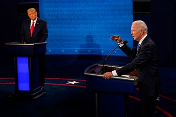 FILE - Donald Trump and Joe Biden during the 2020 Presidential Election, during a final debate at Belmont University in Nashville, Tennessee.