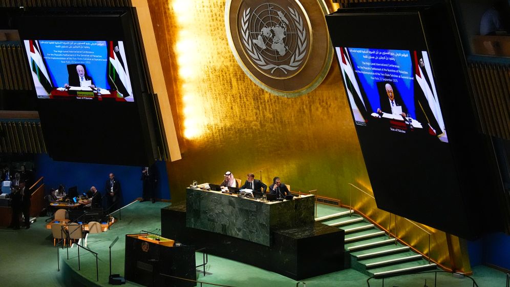 Mahmoud Abbas joins the UN conference via a video link