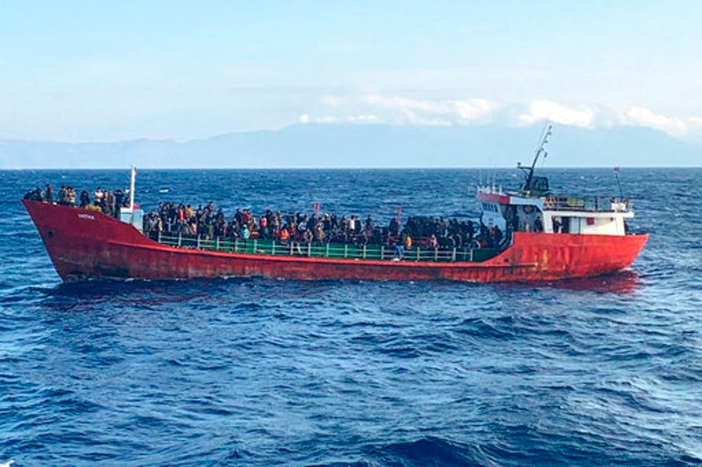 A ship holding migrants near the southern island of Crete, Greece, October 29, 2021.