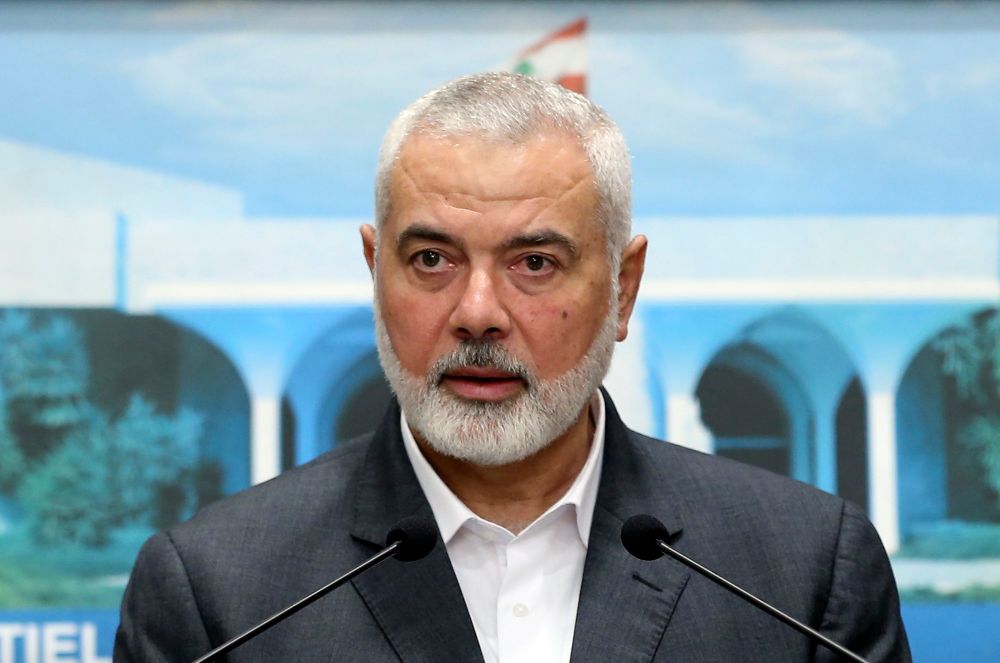 Ismail Haniyeh, the leader of the Palestinian terrorist group Hamas, speaks during a press conference after meeting with Lebanese President Michel Aoun, at the presidential palace, in Baabda, east of Beirut, Lebanon, June 28, 2021.