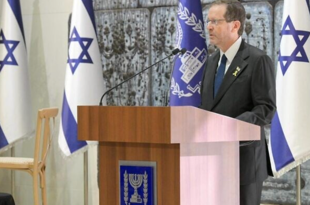President Isaac Herzog speaks at a ceremony marking the 30th anniversary of the assassination of Yitzhak Rabin, at the President's Residence in Jerusalem, on November 3, 2025.