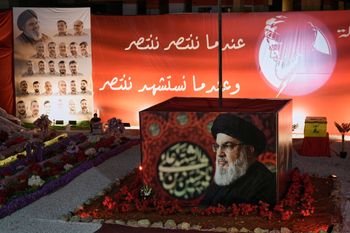 Hezbollah supporters gather at the site where Hezbollah leader Hassan Nasrallah was killed in Israeli airstrikes on Sept. 27, 2024, a day before the second anniversary of his death, in the southern Beirut suburb of Haret Hreik, Lebanon, Saturday, Sept. 26, 2026. 