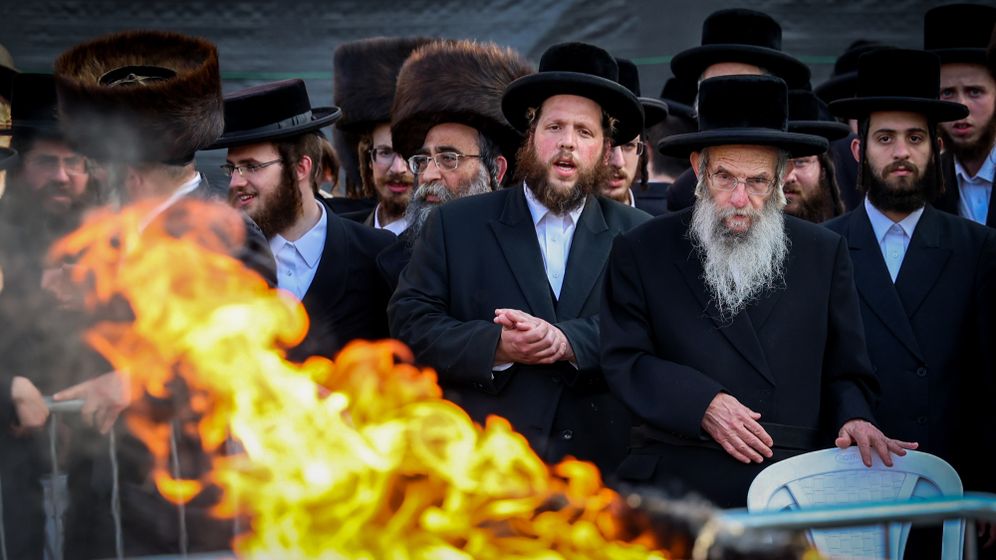 FILE - Worshippers at the traditional Lag B'Omer bonfire on Mount Meron