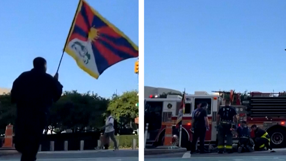 Screenshot Firefighters attempting to rescue Tibetann activist who self-immolated himself in frotn of the UN building