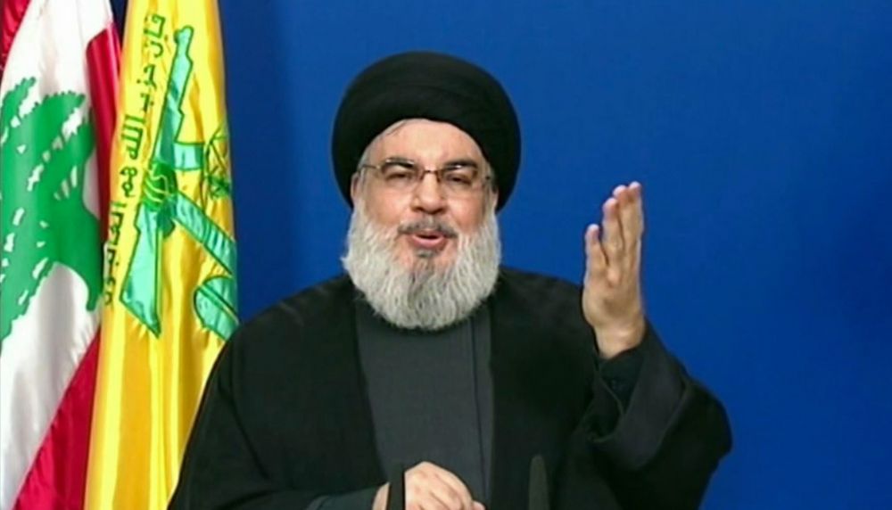Hassan Nasrallah, le chef du groupe chiite libanais Hezbollah, lors d'un discours télévisé depuis un lieu non divulgué au Liban, le 29 septembre 2020.