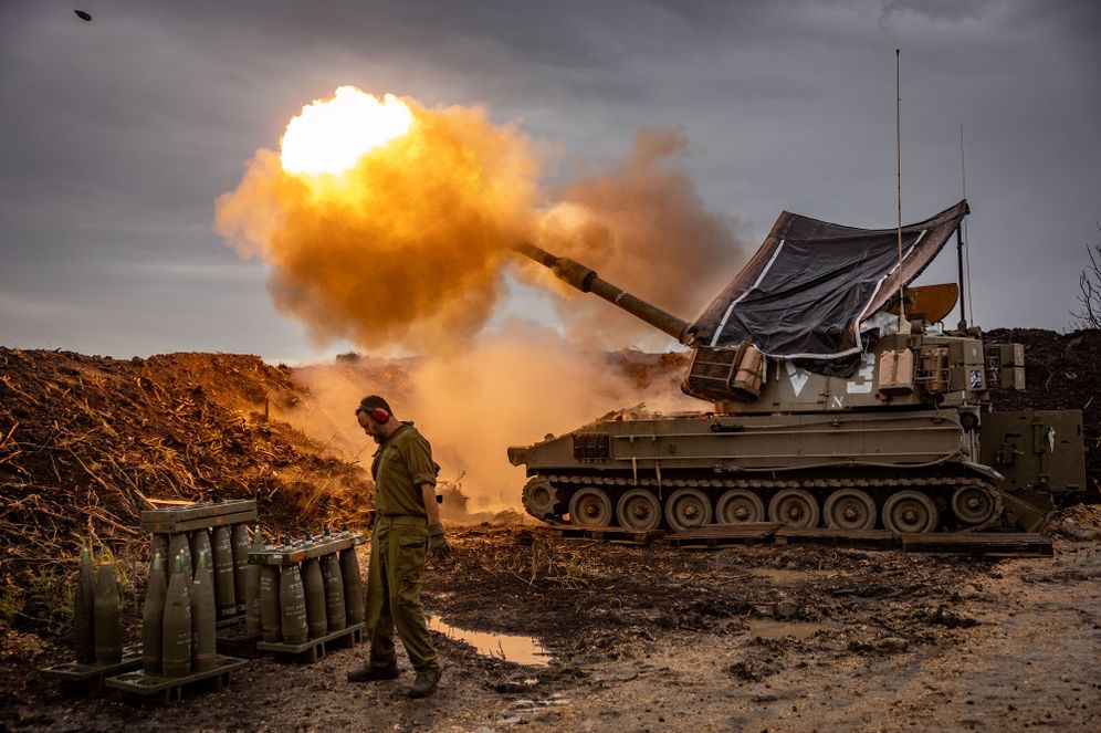 Israeli artillery unit firing shells towards Lebanon near the Israeli border with Lebanon, northern Israel, January 15, 2024